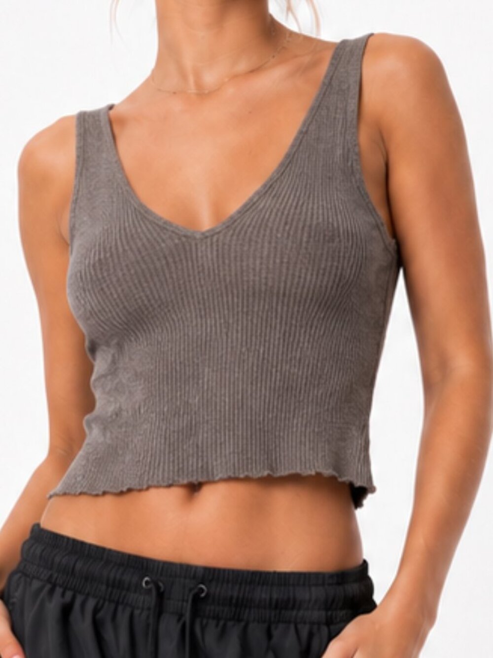 BDG (URBAN OUTFITTERS) V-Neck Cropped Ribbed Tank Grey Size M